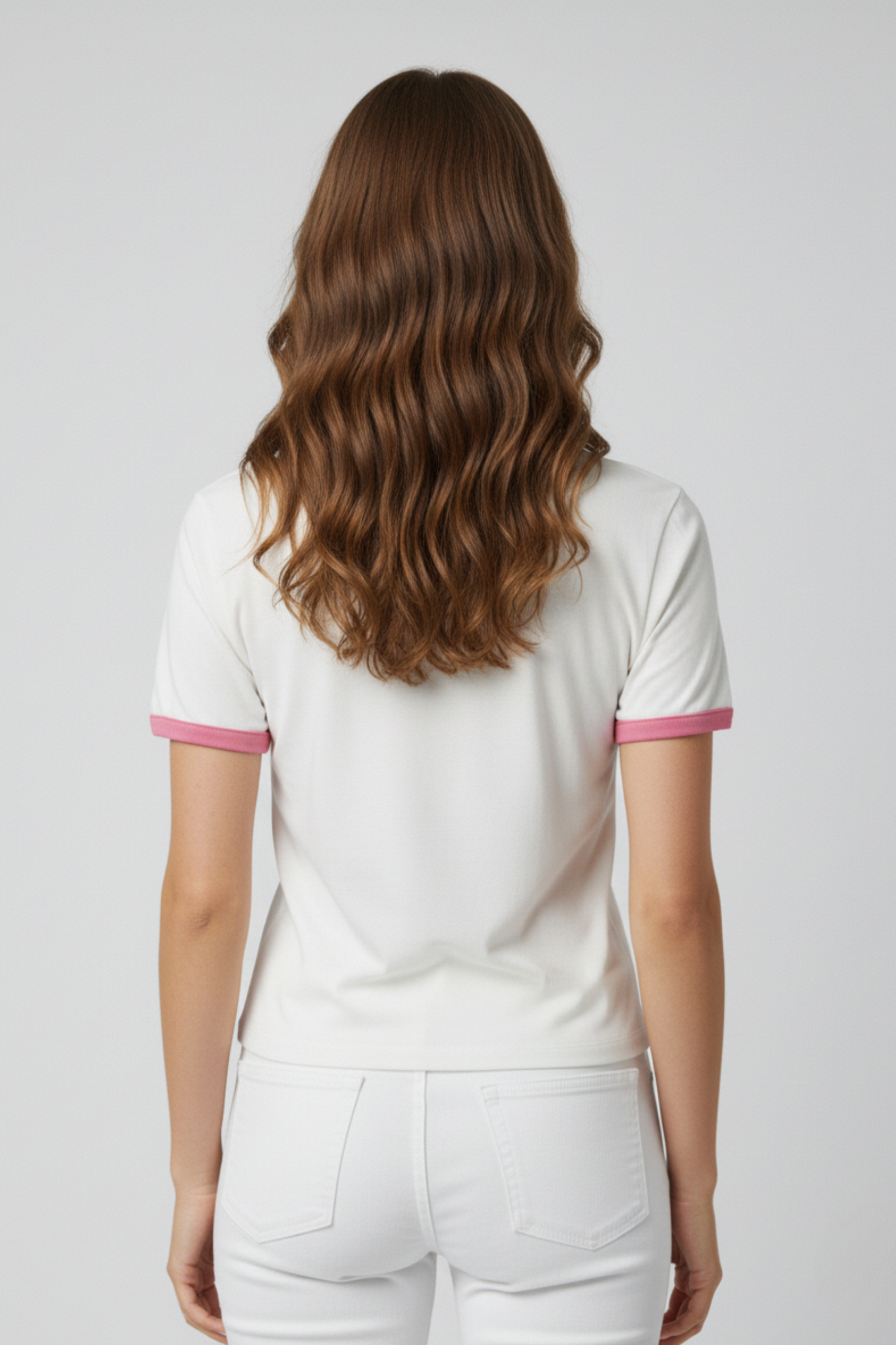 Beyaz Çiçek Baskılı Pembe Ribana Detaylı Kadın Tişört - Görsel 3