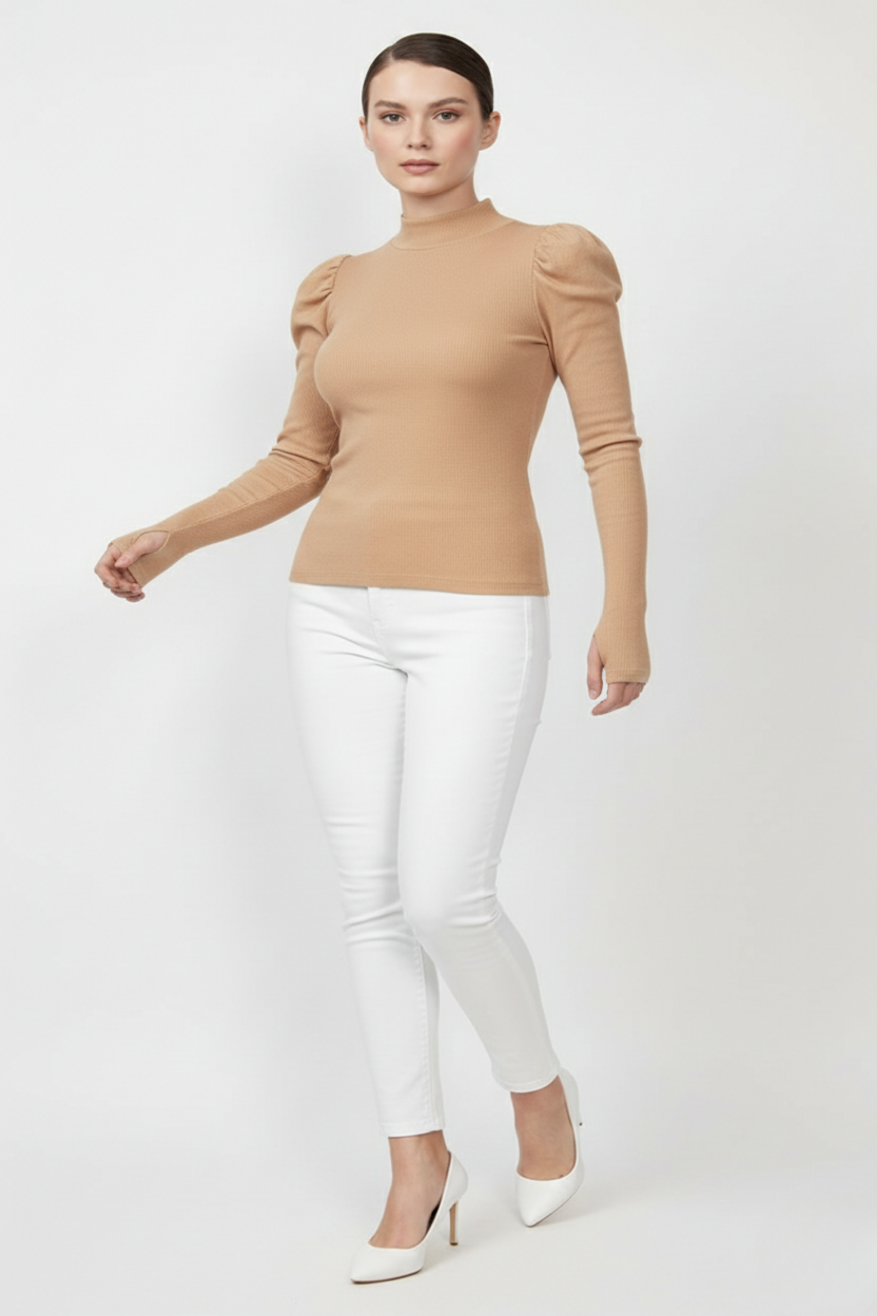 Balıkçı Yaka Parmak Geçmeli Kaşkorse Prenses Kol Bluz - Camel - Görsel 3