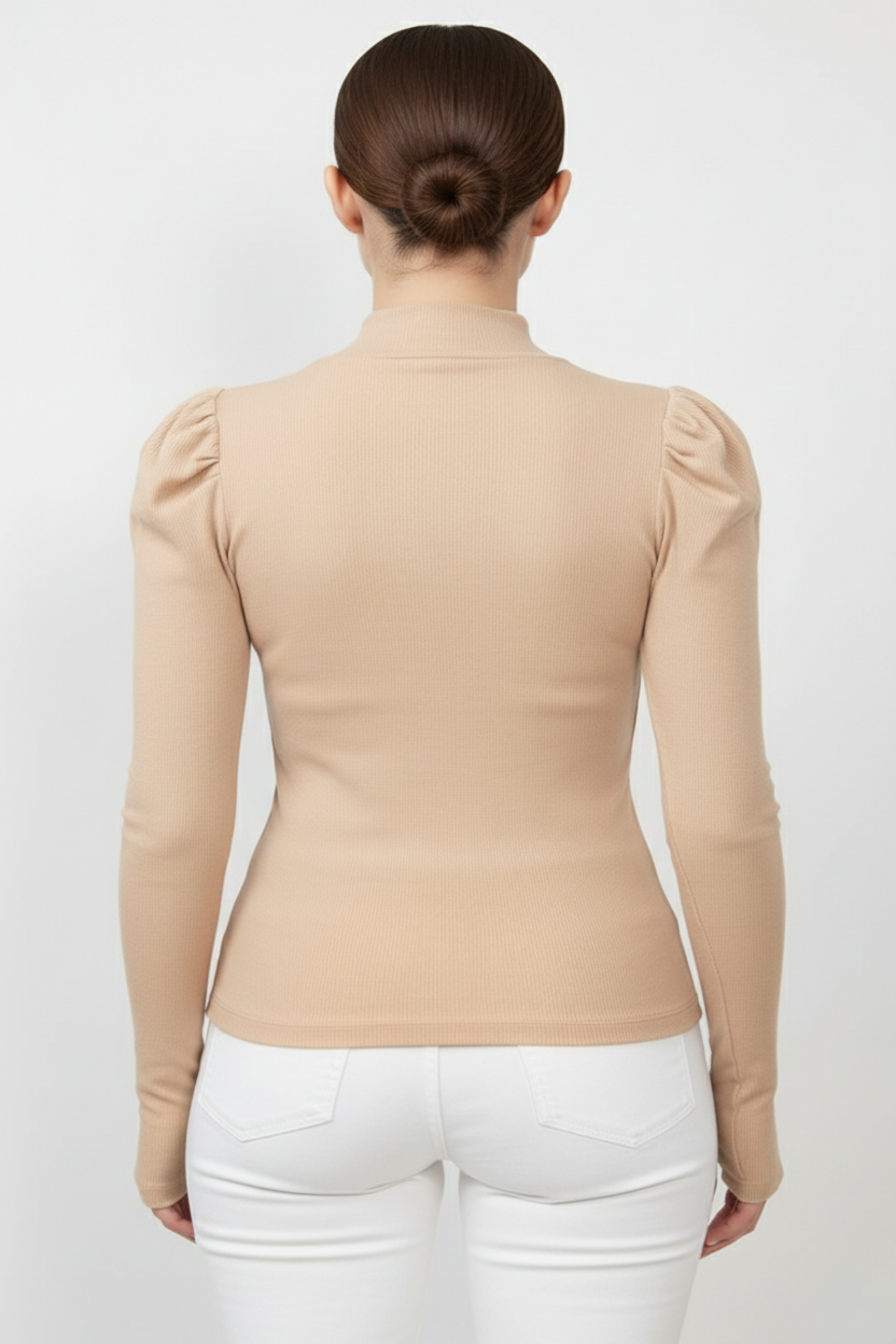 Balıkçı Yaka Parmak Geçmeli Kaşkorse Prenses Kol Bluz - Camel - Görsel 4