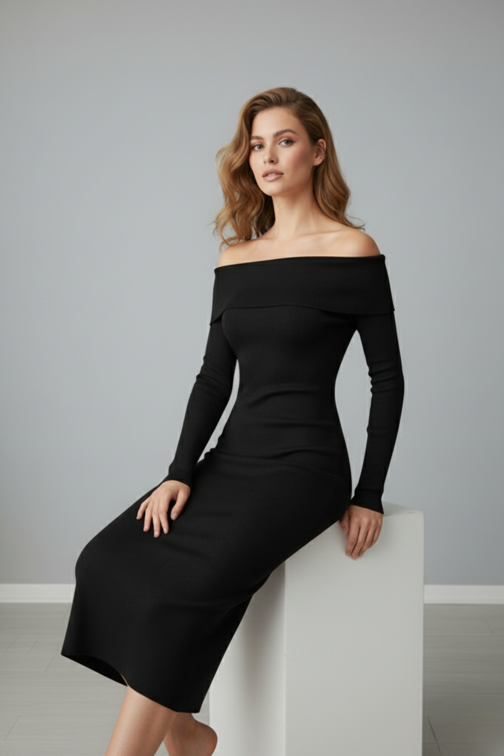 Kadın Siyah Madonna Yaka Uzun Elbise - Görsel 6