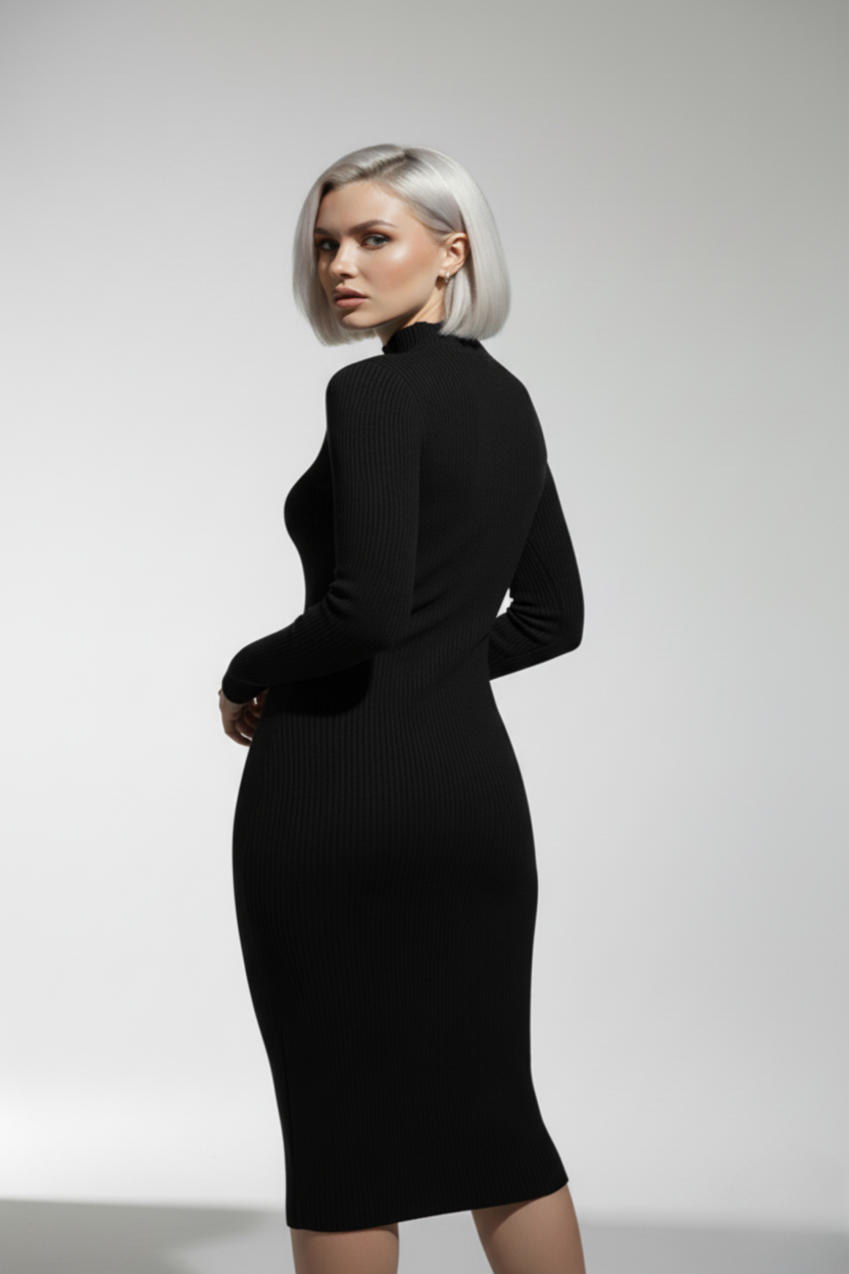 Kadın Balıkçı Yaka Siyah Uzun Elbise - Görsel 3