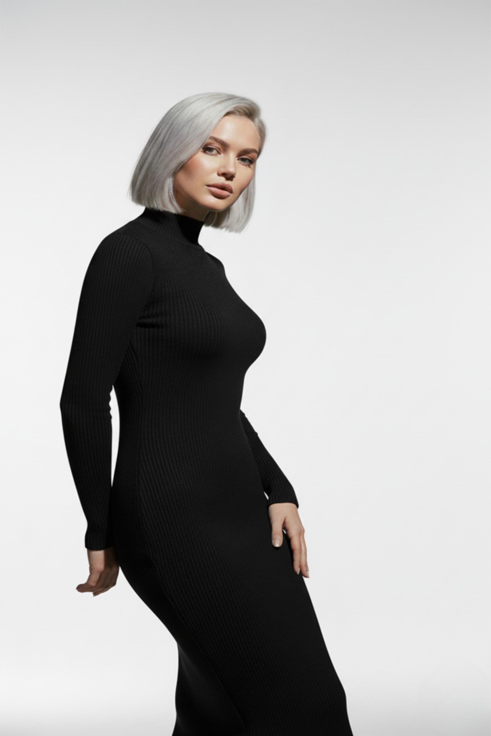 Kadın Balıkçı Yaka Siyah Uzun Elbise - Görsel 5