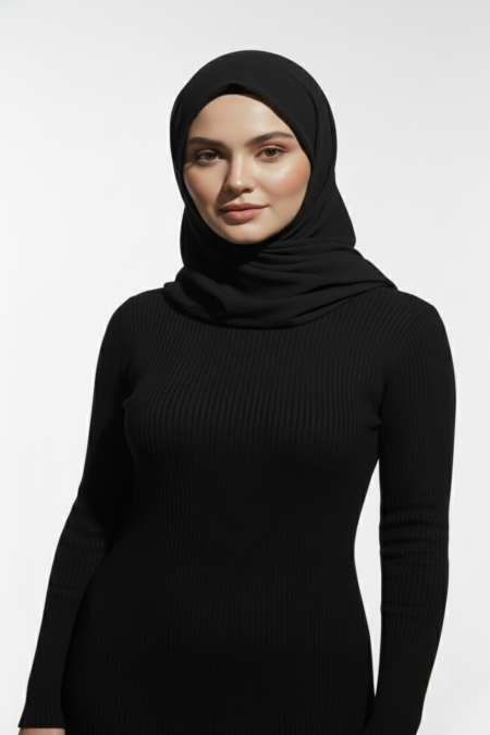 Balıkçı Yaka Siyah Uzun Elbise Tesettür