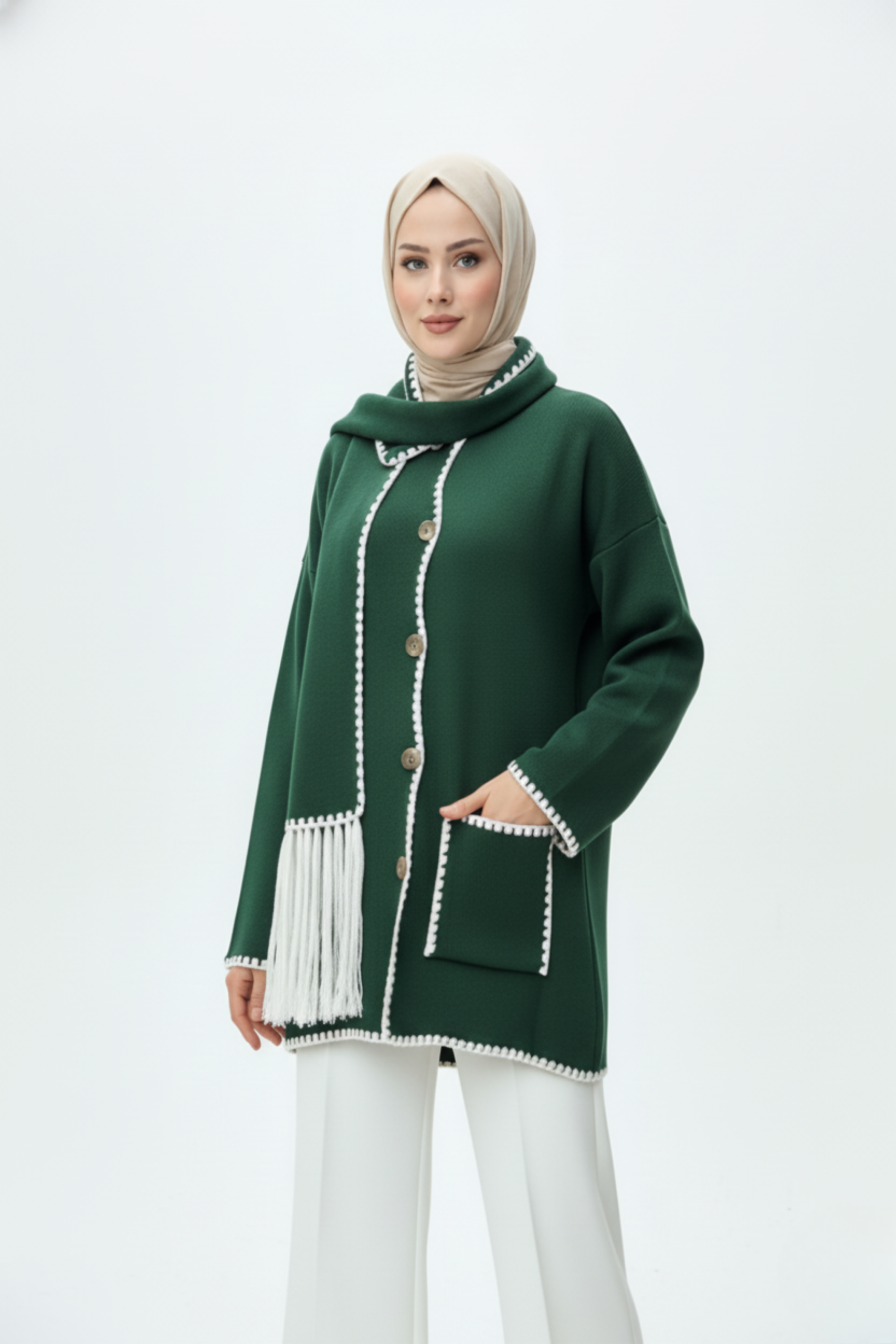 Kadın Nakış Detaylı Atkılı Yumuşak Ceket - Yeşil - Görsel 3