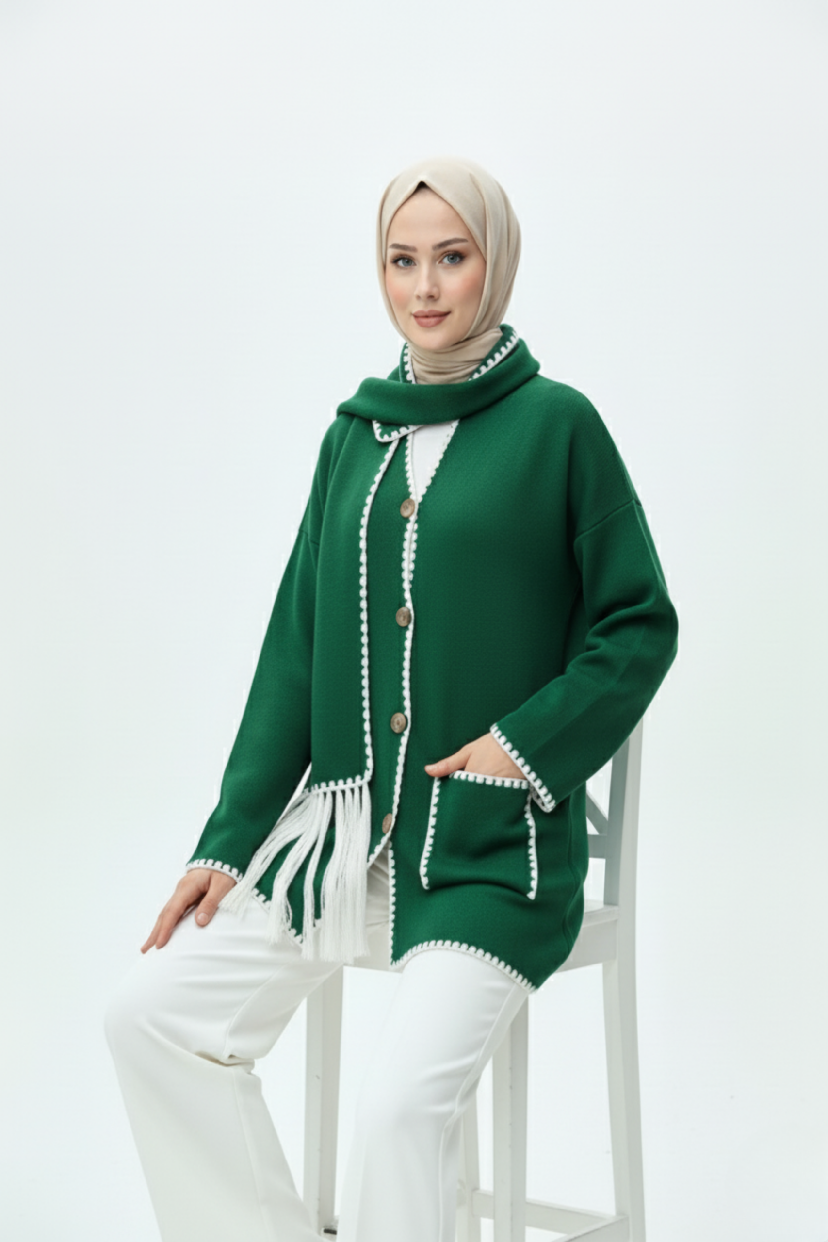 Kadın Nakış Detaylı Atkılı Yumuşak Ceket - Yeşil - Görsel 5