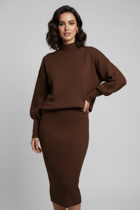 Triko Kahverengi Kazak ve Fitilli Elbise İkili Takım