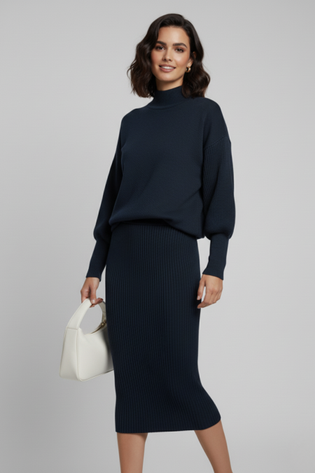 Triko Lacivert Kazak ve Fitilli Elbise İkili Takım