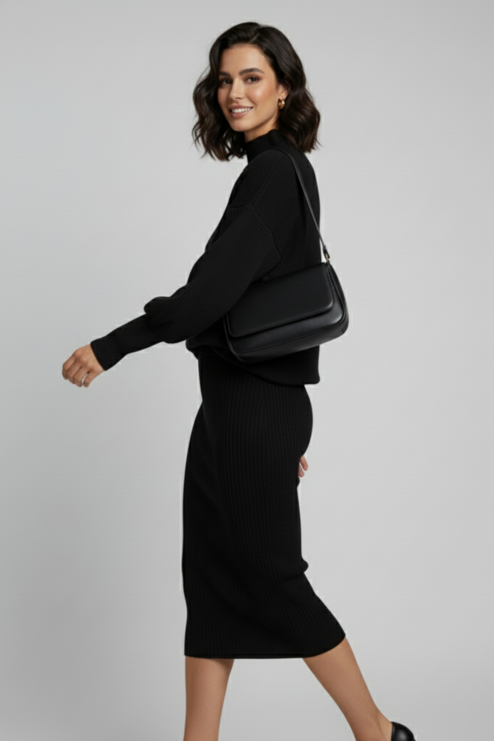 Triko Siyah Kazak ve Fitilli Elbise İkili Takım - Görsel 3