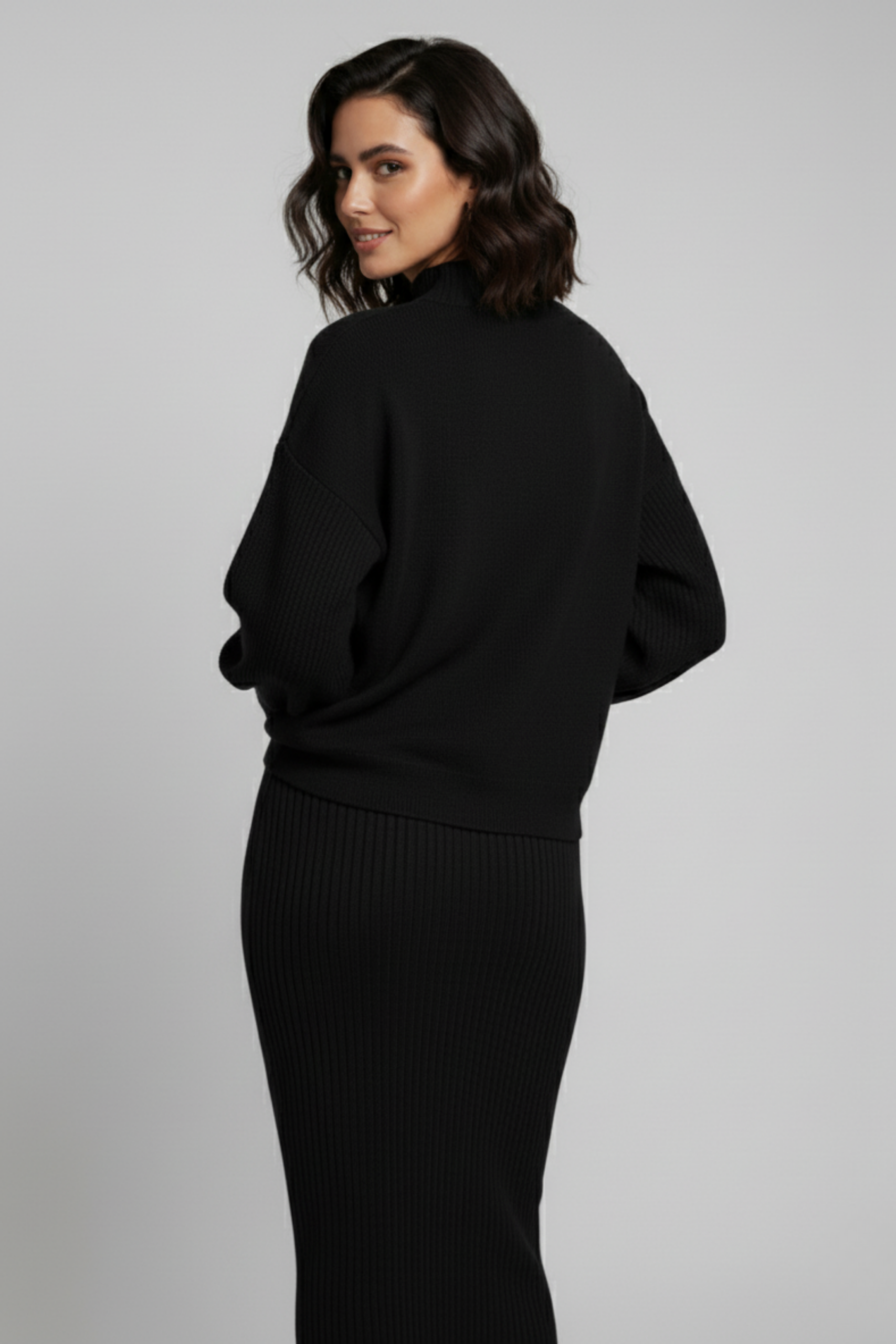 Triko Siyah Kazak ve Fitilli Elbise İkili Takım - Görsel 4