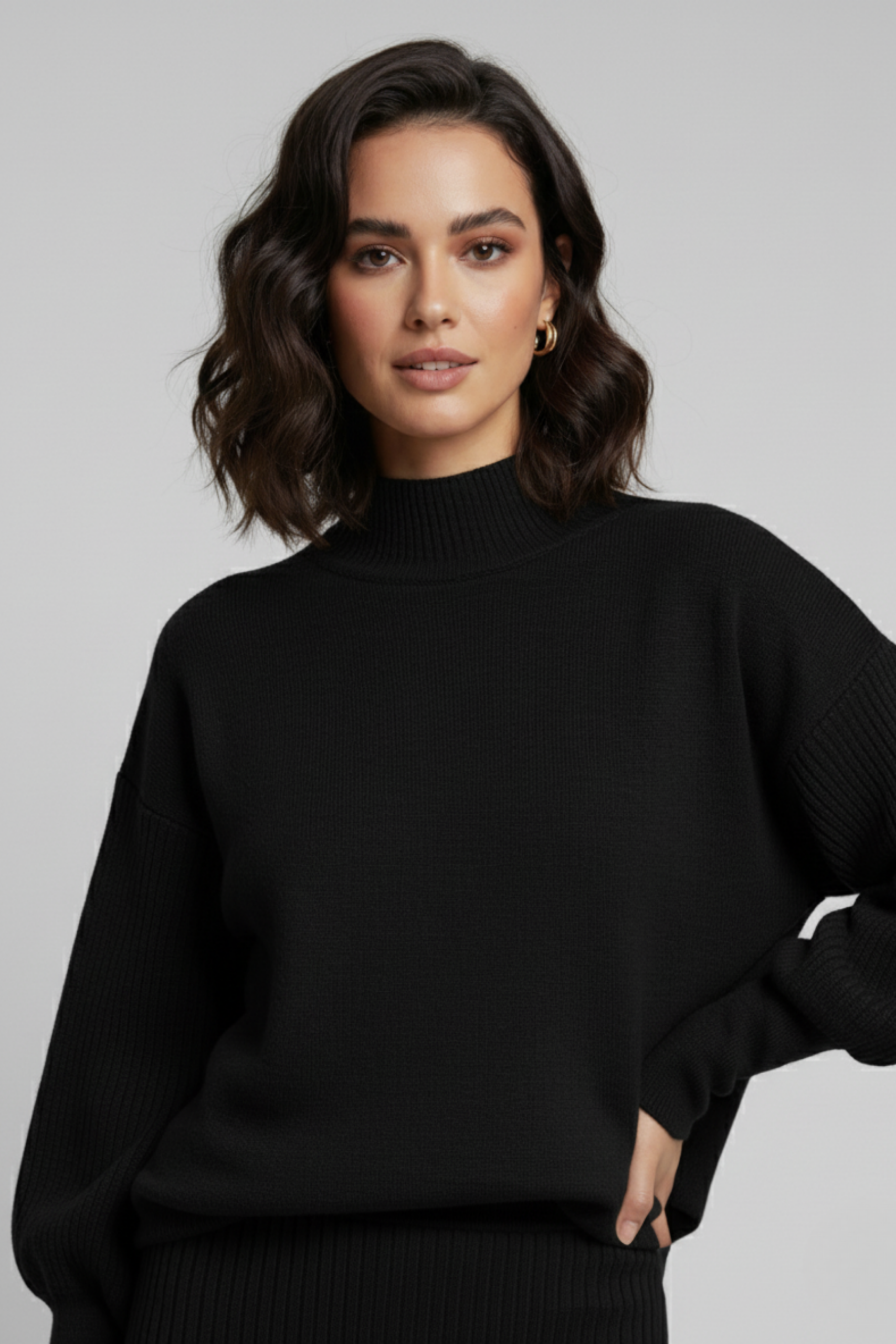 Triko Siyah Kazak ve Fitilli Elbise İkili Takım - Görsel 2