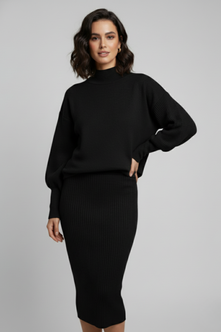 Triko Siyah Kazak ve Fitilli Elbise İkili Takım