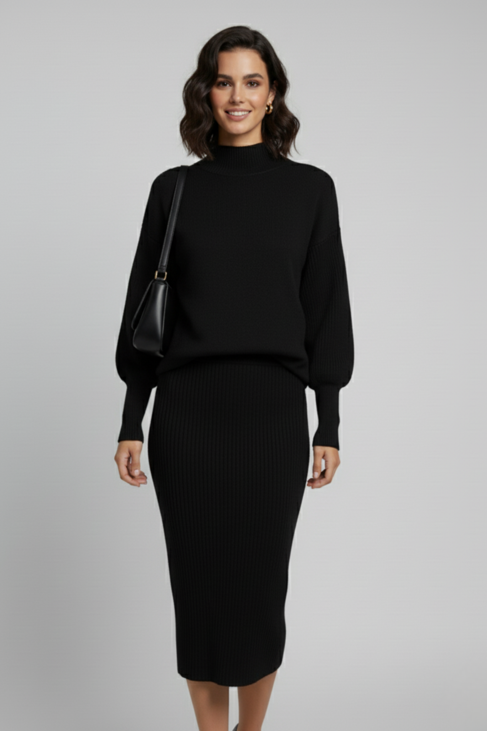 Triko Siyah Kazak ve Fitilli Elbise İkili Takım - Görsel 6