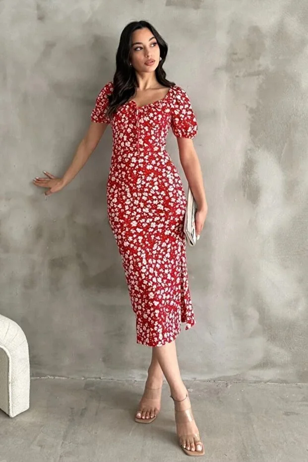 Karpuz Kol Kırmızı Elbise - Görsel 6