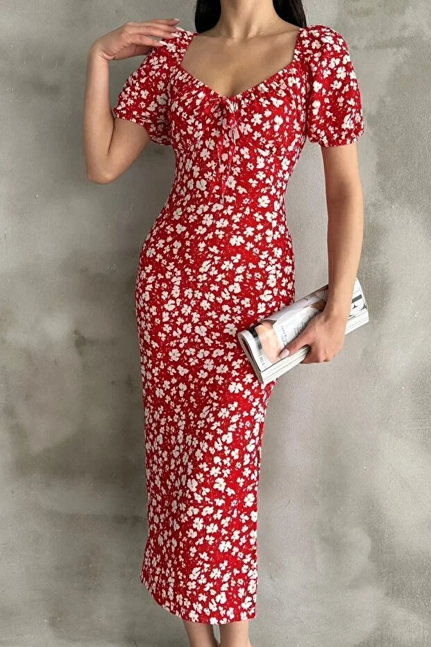 Karpuz Kol Kırmızı Elbise - Görsel 7