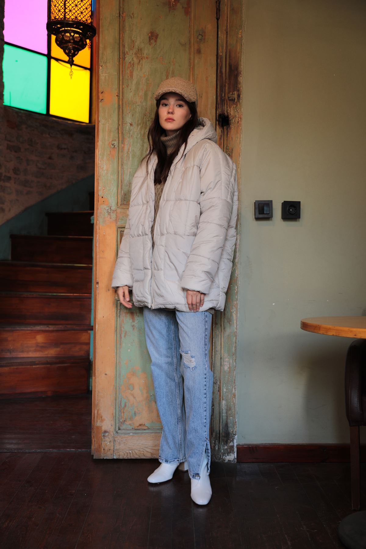 Kapitone Kumaş Fermuarlı Oversize Salaş Kadın Mont - Görsel 4