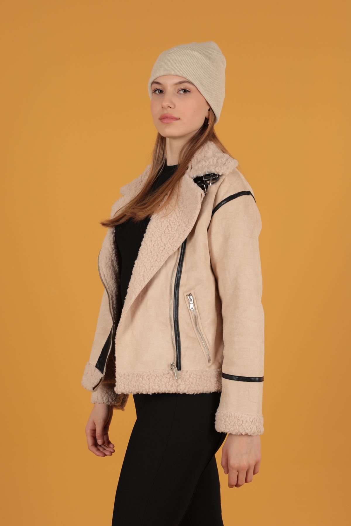 Süet Kıvırcık Kumaş Motorcu Taş Rengi Mont - Görsel 2