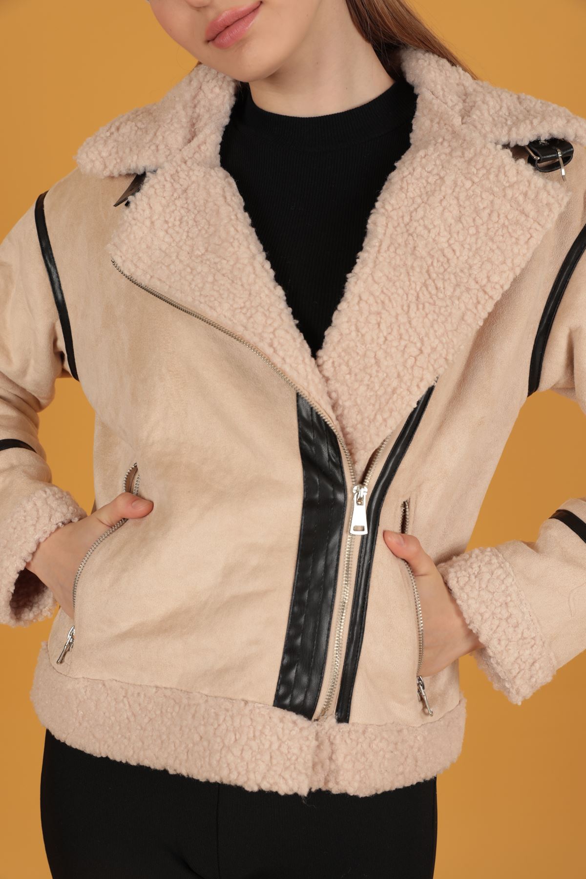 Süet Kıvırcık Kumaş Motorcu Taş Rengi Mont - Görsel 3