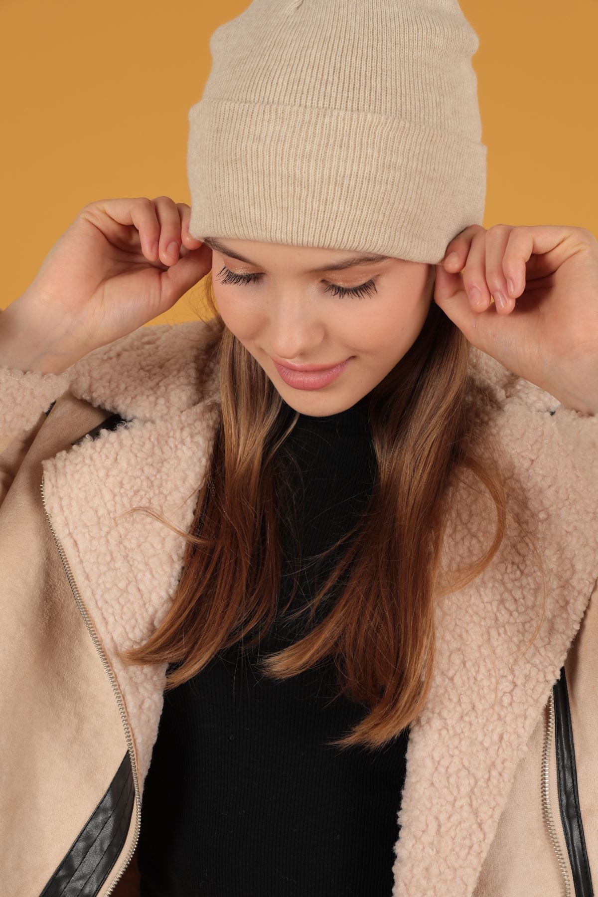 Süet Kıvırcık Kumaş Motorcu Taş Rengi Mont - Görsel 4