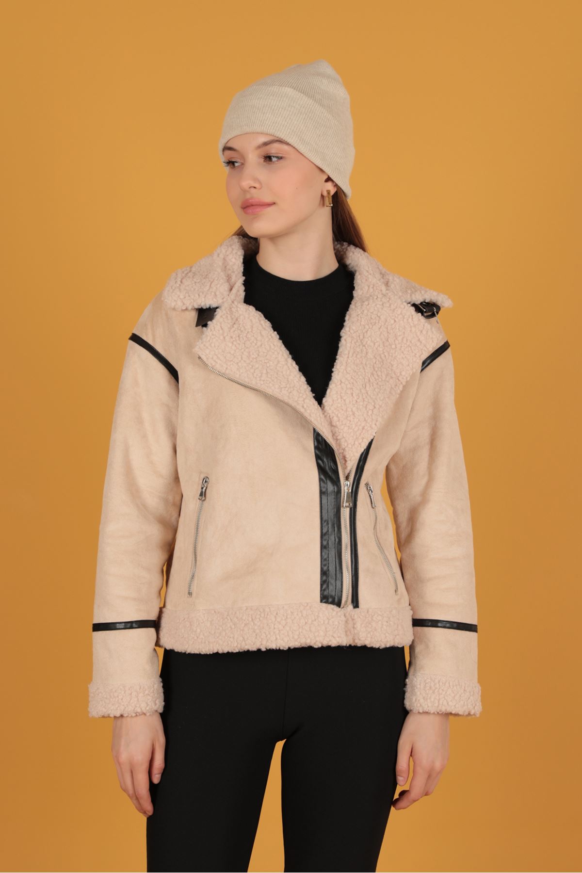 Süet Kıvırcık Kumaş Motorcu Taş Rengi Mont - Görsel 5