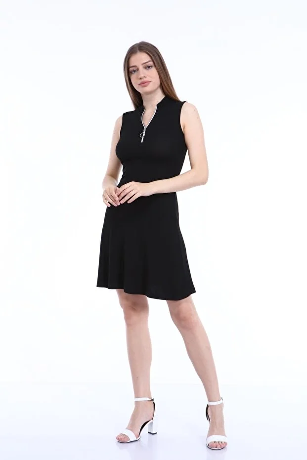 Kadın Siyah Yaka Fermuarlı Kolsuz Kaşkorse Elbise - Görsel 2