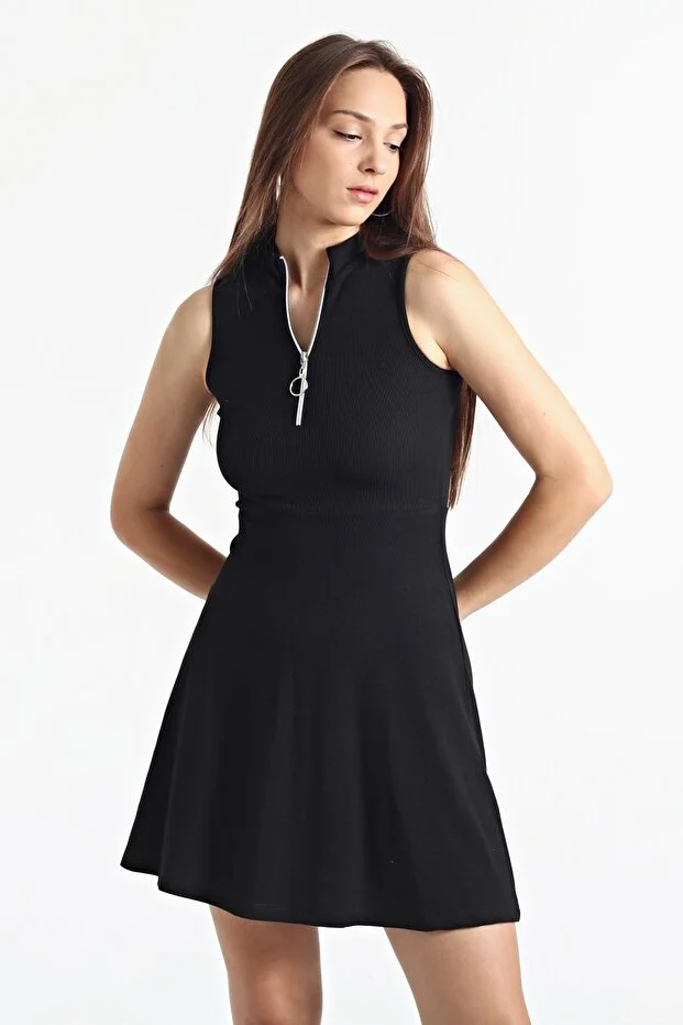 Kadın Siyah Yaka Fermuarlı Kolsuz Kaşkorse Elbise - Görsel 6