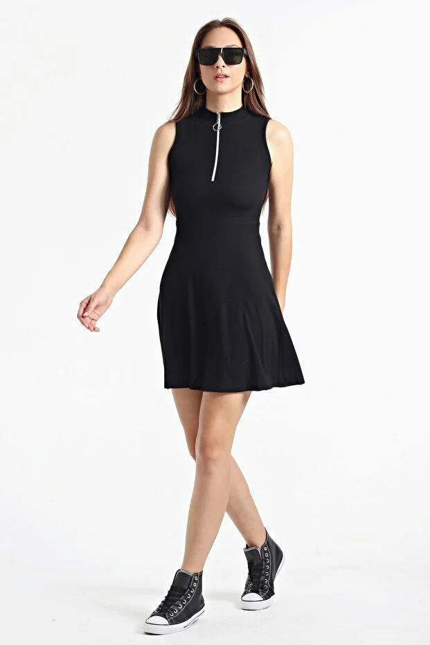 Kadın Siyah Yaka Fermuarlı Kolsuz Kaşkorse Elbise - Görsel 7