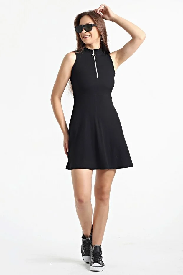 Kadın Siyah Yaka Fermuarlı Kolsuz Kaşkorse Elbise - Görsel 8