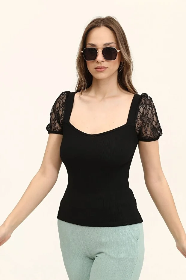 Kadın Siyah Oval Yaka Kollar Dantel Örme Bluz - Görsel 2
