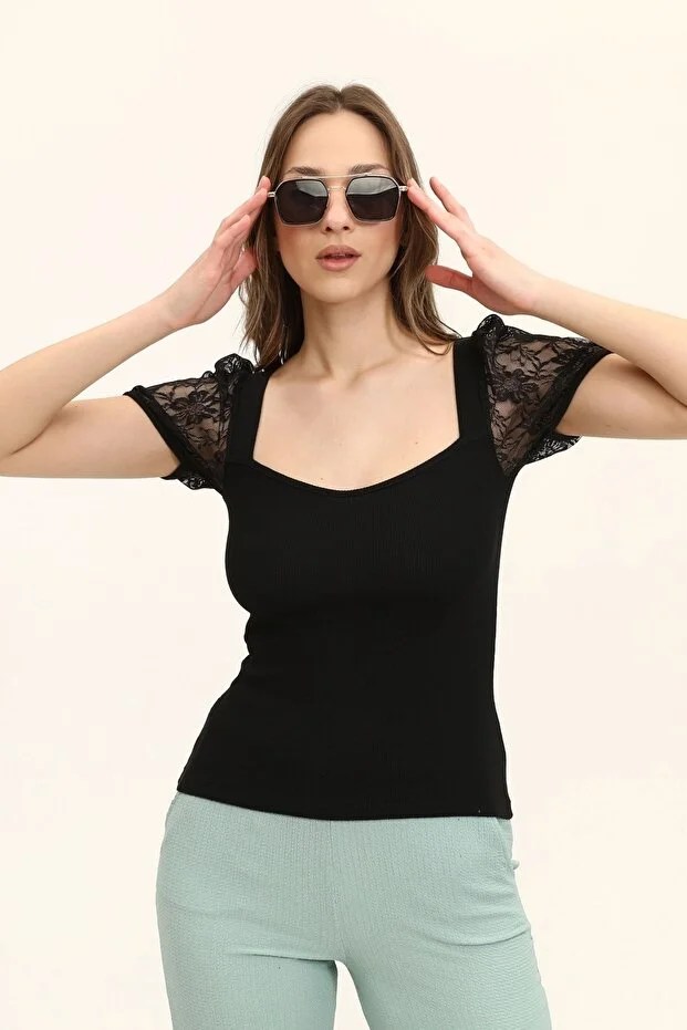Kadın Siyah Oval Yaka Kollar Dantel Örme Bluz - Görsel 4