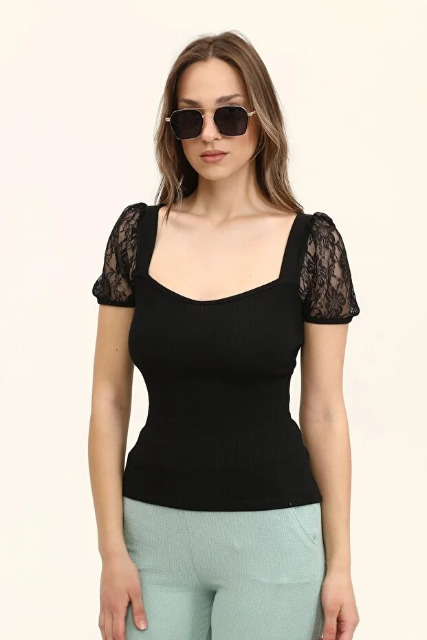 Kadın Siyah Oval Yaka Kollar Dantel Örme Bluz - Görsel 5