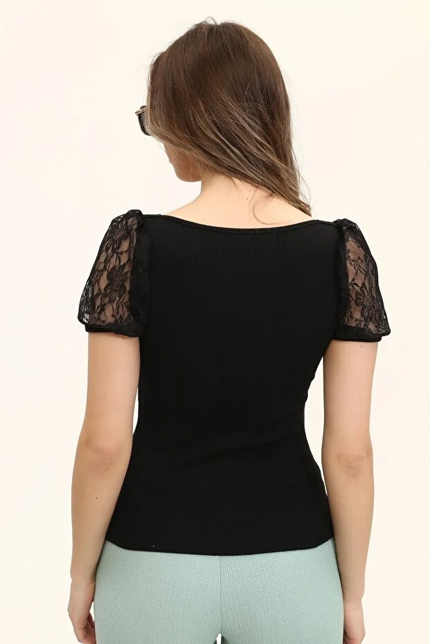 Kadın Siyah Oval Yaka Kollar Dantel Örme Bluz - Görsel 6