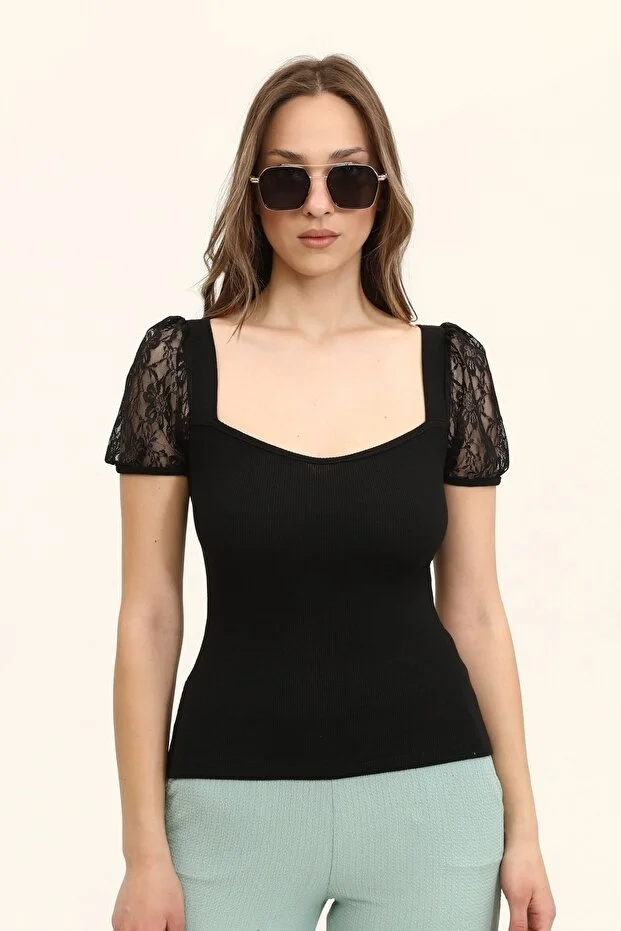 Kadın Siyah Oval Yaka Kollar Dantel Örme Bluz - Görsel 7