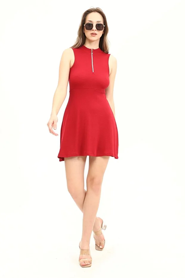 Kadın Bordo Renkli Kolsuz Yaka Fermuarlı Örme Elbise - Görsel 2