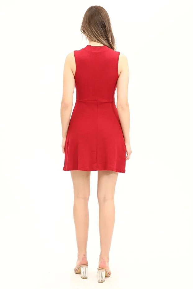 Kadın Bordo Renkli Kolsuz Yaka Fermuarlı Örme Elbise - Görsel 3