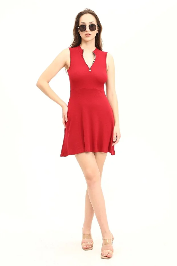 Kadın Bordo Renkli Kolsuz Yaka Fermuarlı Örme Elbise - Görsel 7