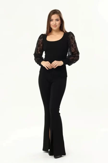 Kadın Siyah Kollar Dantel U Yaka Bluz