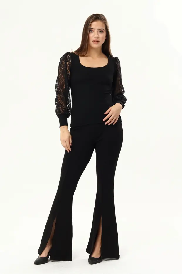 Kadın Siyah Kollar Dantel U Yaka Bluz - Görsel 3