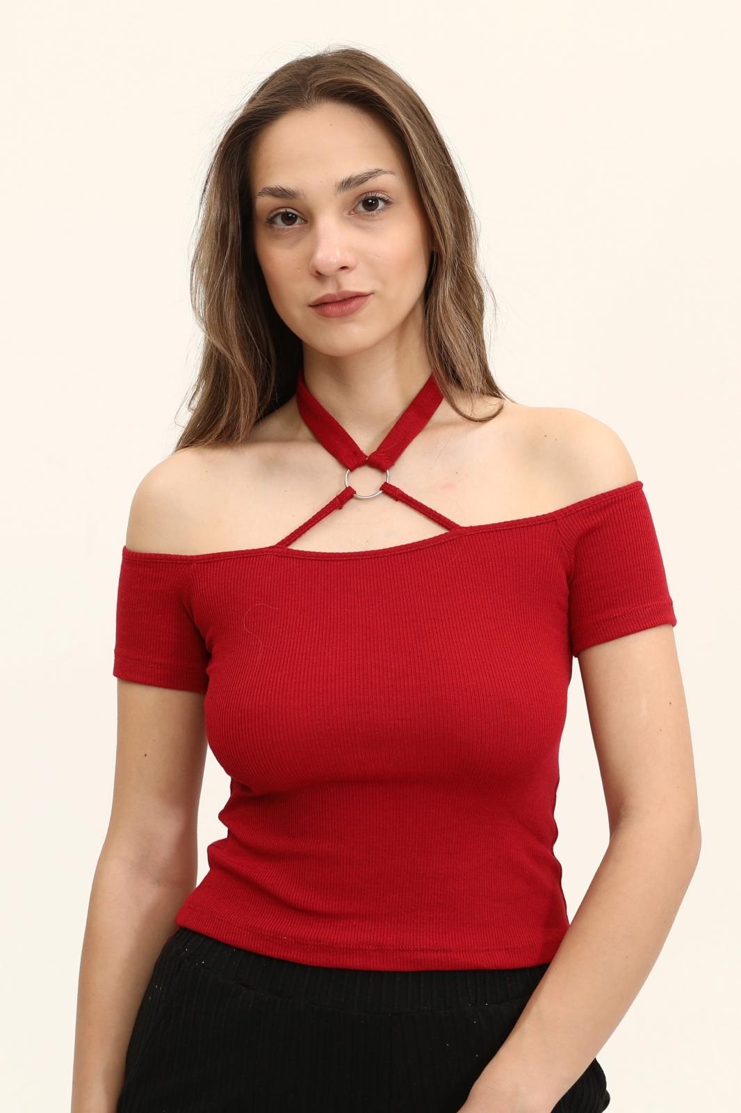 Kadın Bordo Renkli Ön Ve Arka Madonna Yaka Boyun Halkalı Örme Bluz - Görsel 4