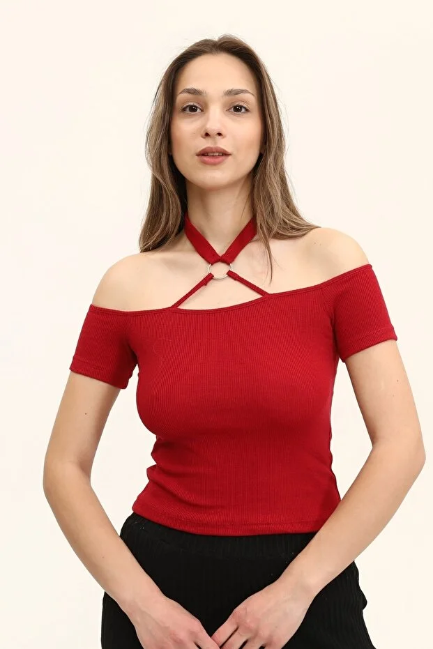 Kadın Bordo Renkli Ön Ve Arka Madonna Yaka Boyun Halkalı Örme Bluz - Görsel 5