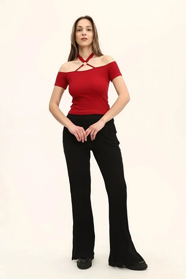 Kadın Bordo Renkli Ön Ve Arka Madonna Yaka Boyun Halkalı Örme Bluz - Görsel 7