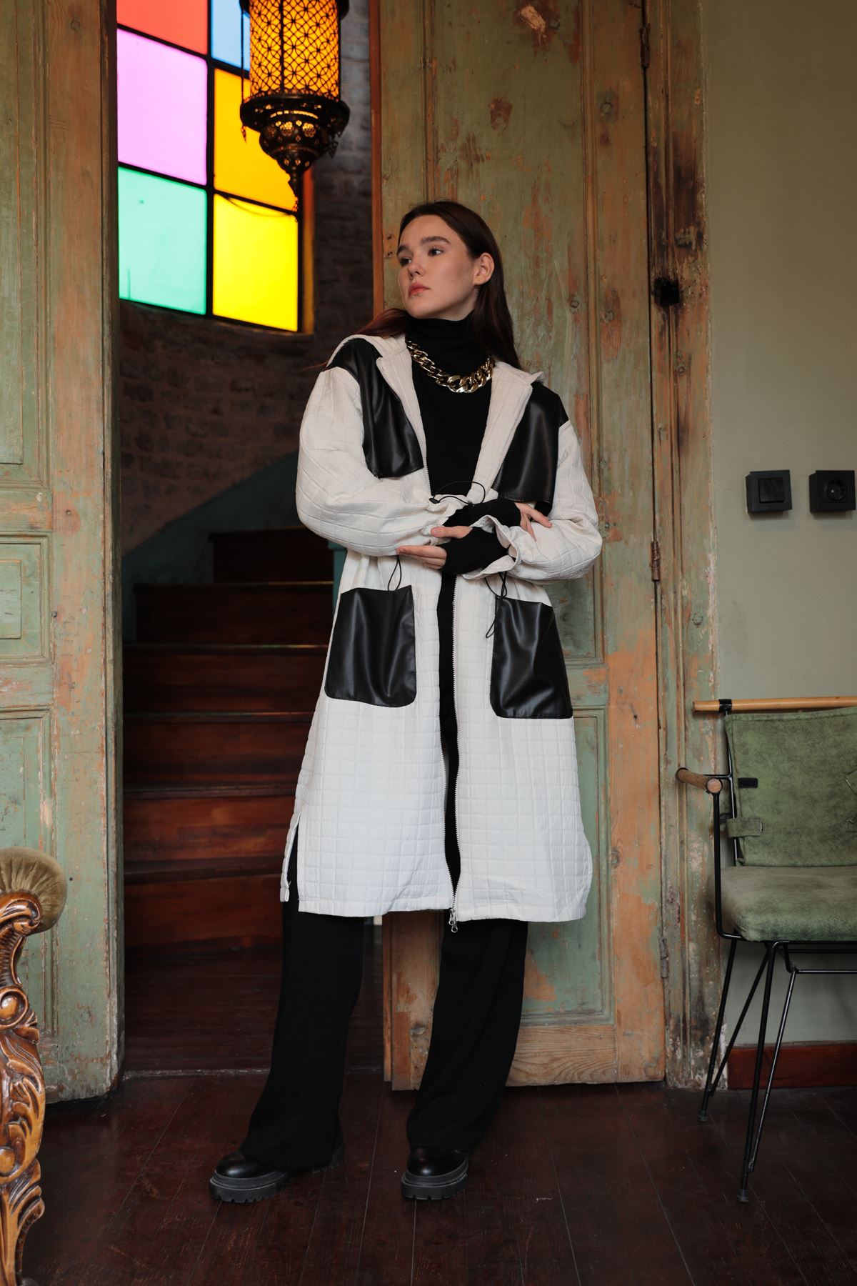 Deri Kumaş Garni Detay Jakar Kadın Trençkot-Bej - Görsel 5