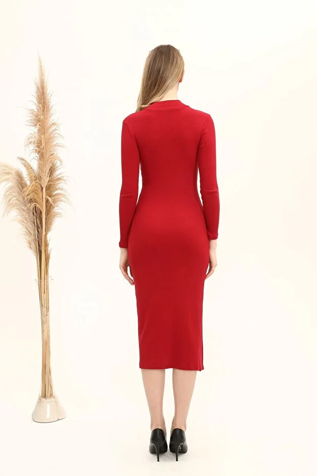 Kadın Bordo Renkli Yarım Balıkçı Tek Taraf Yırtmaçlı Elbise - Görsel 3