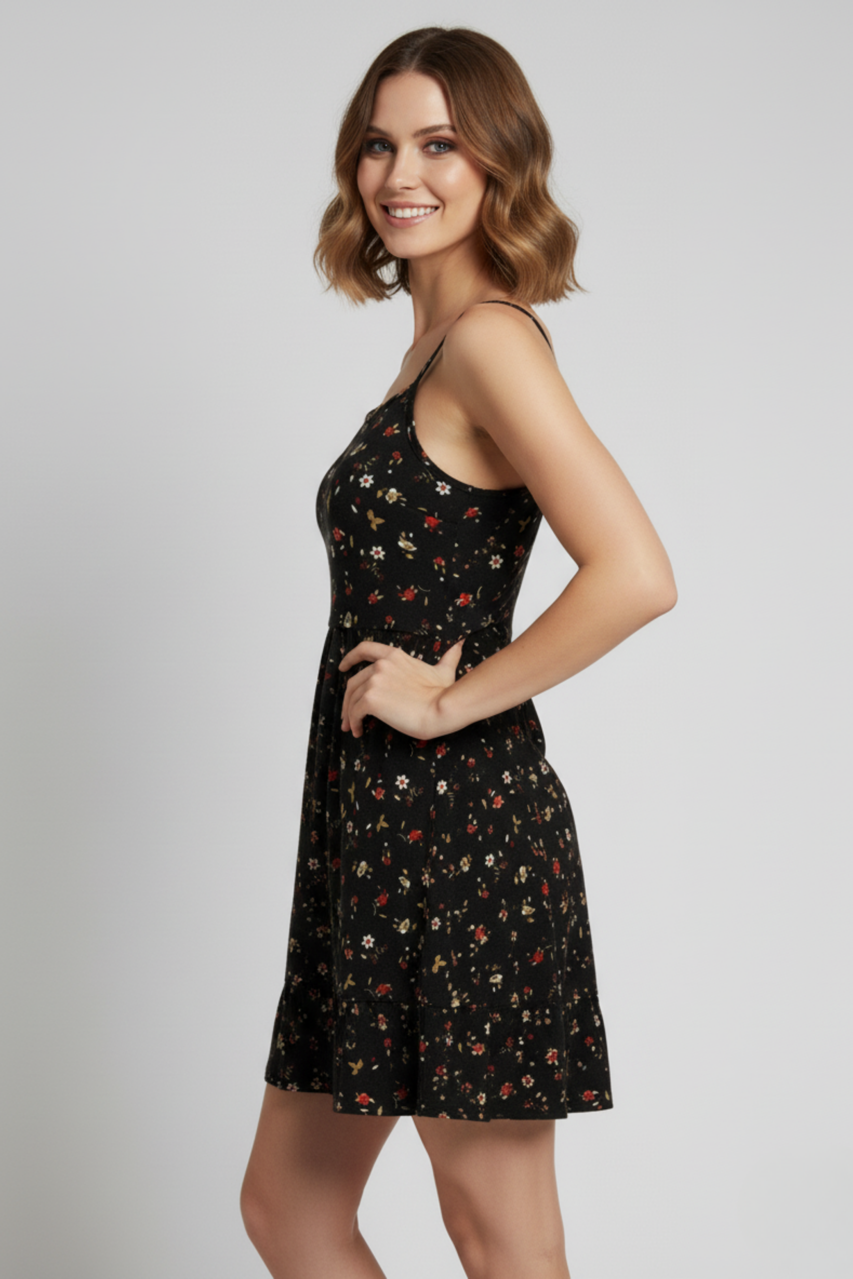 İp Askılı Çiçek Desenli Siyah Krep Mini Elbise - Görsel 2