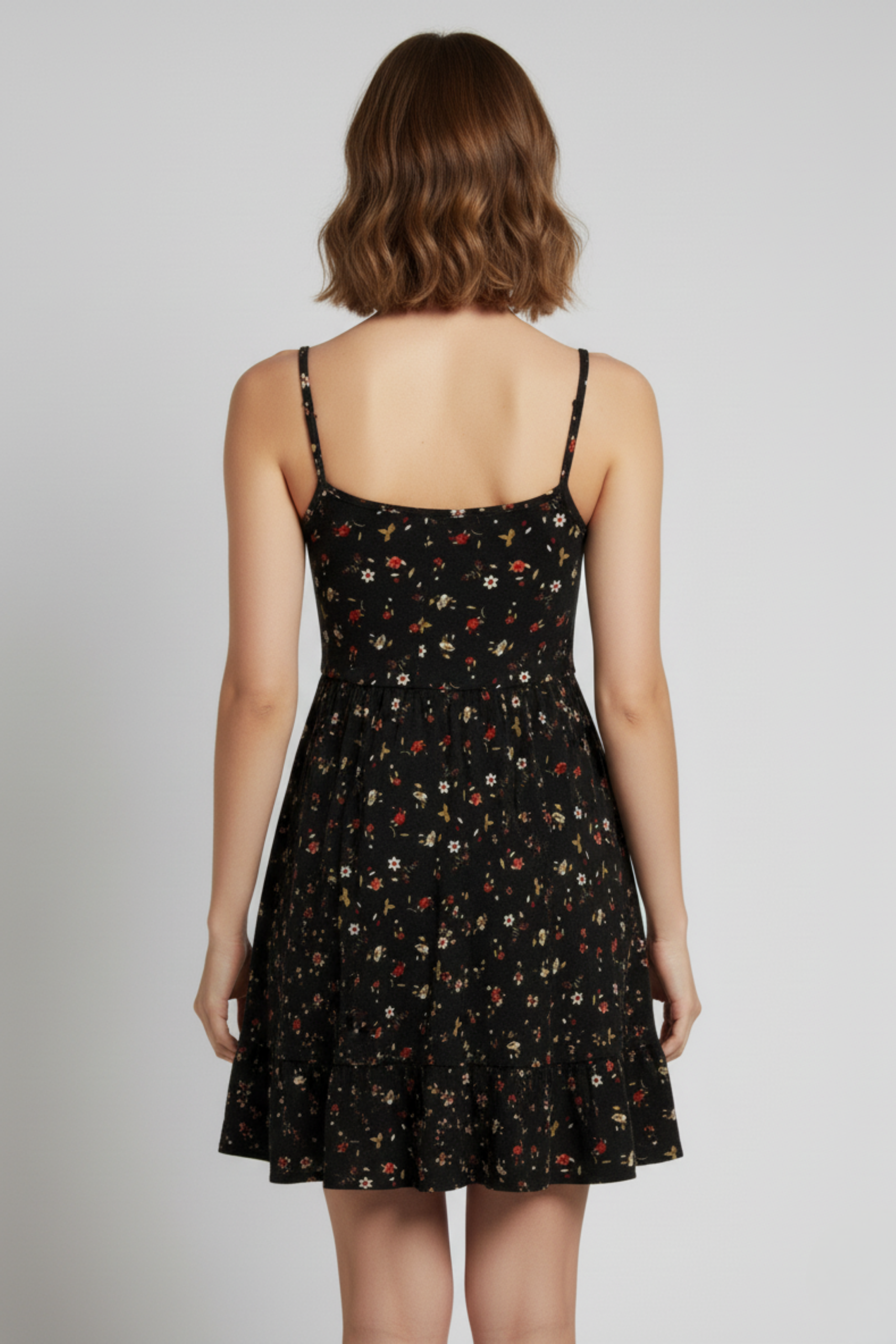 İp Askılı Çiçek Desenli Siyah Krep Mini Elbise - Görsel 3