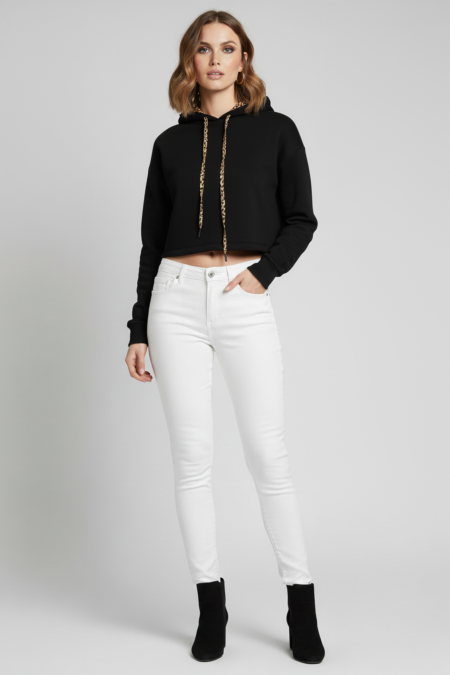 Kadın Siyah Kapüşon İçi Desenli Astar Etek Ucu Yırtmaçlı Crop