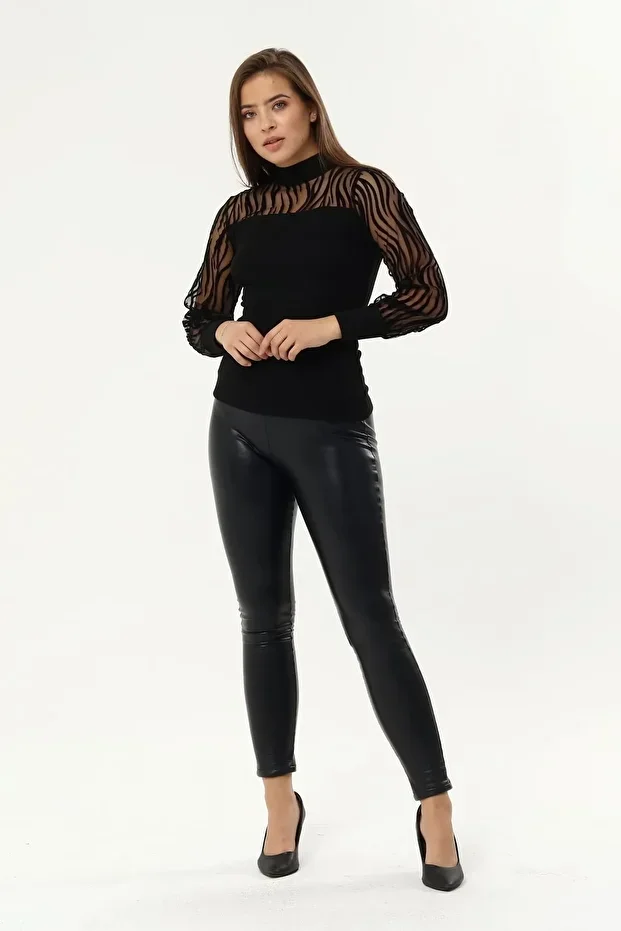 Kadın Kollar Flog Baskılı Tül Detaylı Bluz - Görsel 2