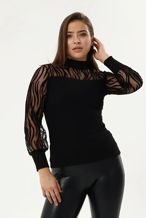 Kadın Kollar Flog Baskılı Tül Detaylı Bluz - Görsel 4