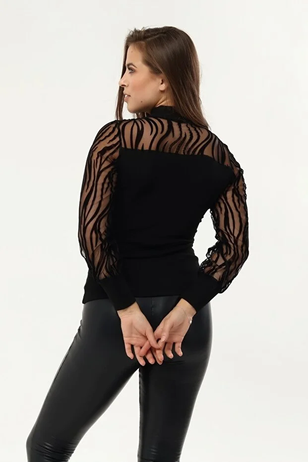 Kadın Kollar Flog Baskılı Tül Detaylı Bluz - Görsel 6