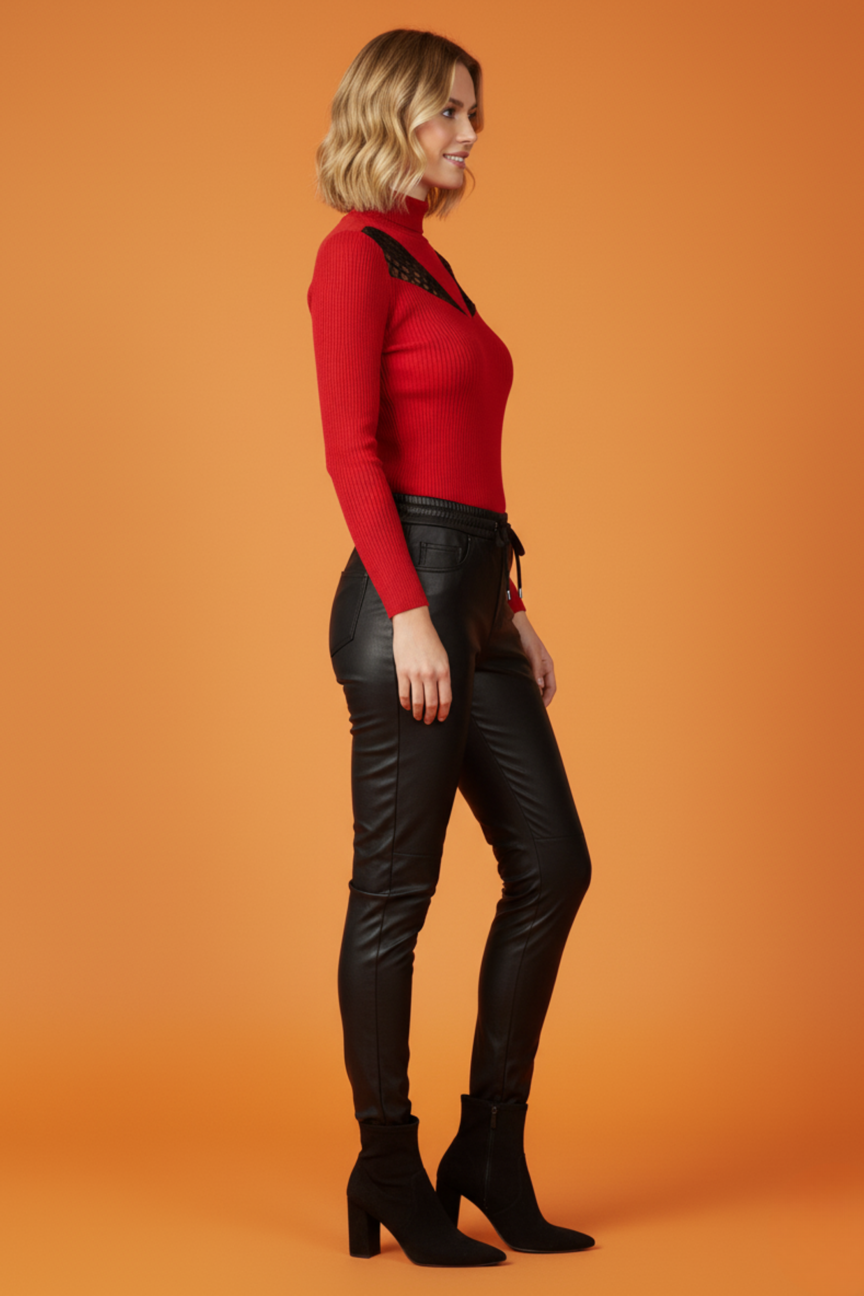 Kadın Siyah Deri Jogger Pantolon Beli Lastikli - Görsel 2