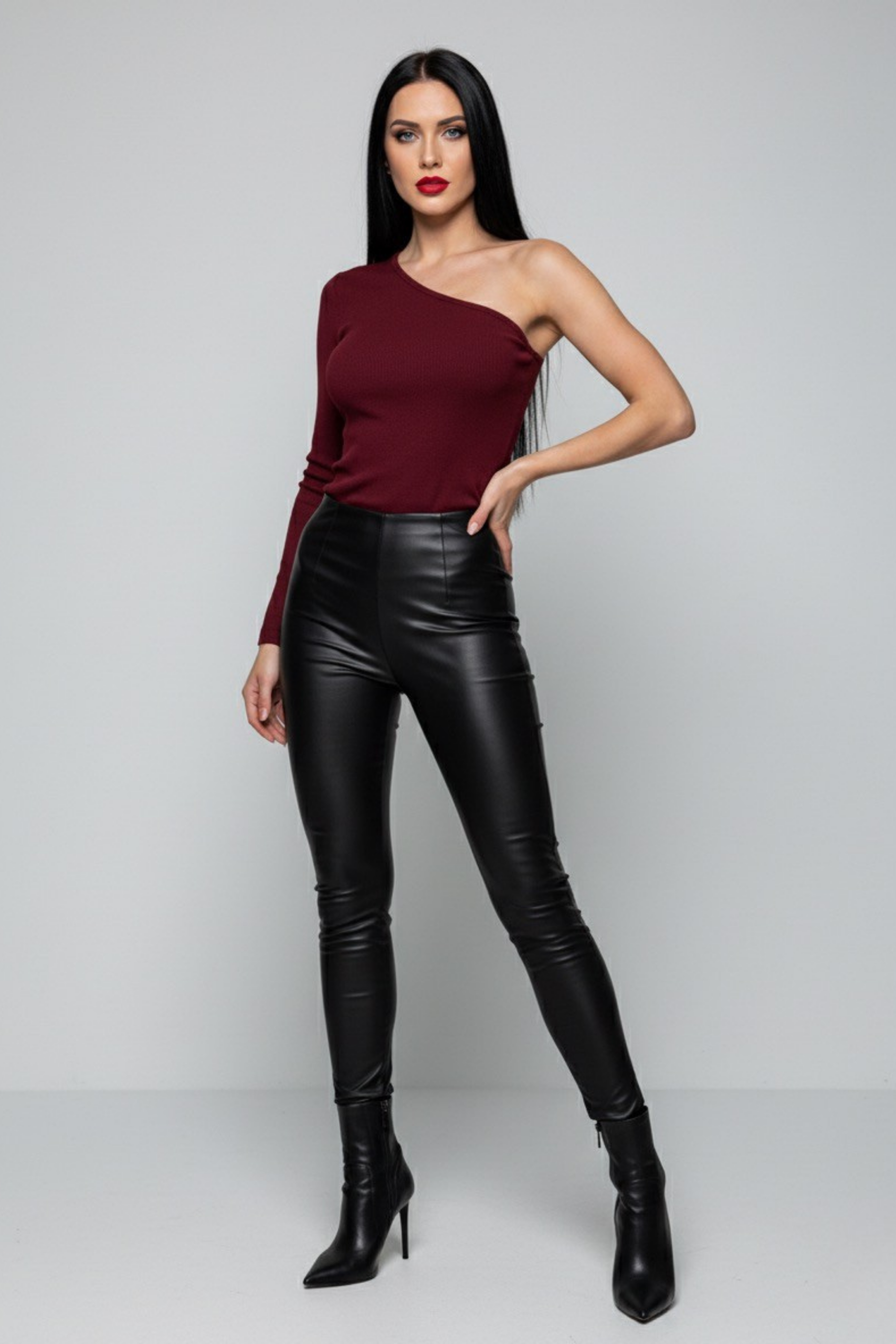 Bordo Tek Omuz Uzun Kollu Kaşkorse Kadın Bluz - Görsel 2